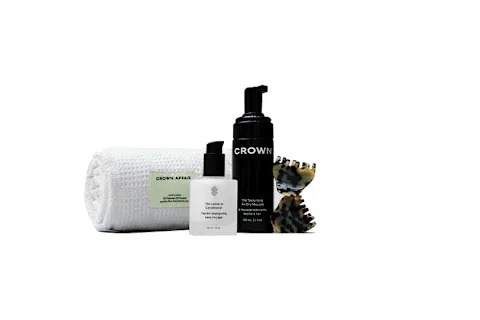 collection of hair care items and accessories from Crown Affair