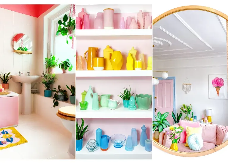 colorful bathroom, vanity, and living area