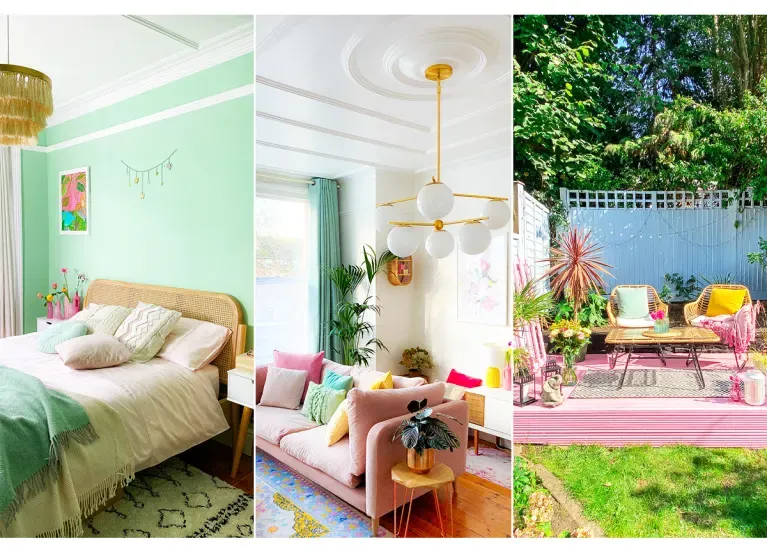 colorful bedroom, living room, and outdoor space