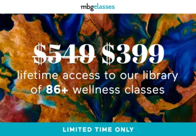 Abstract background with $399 deal for mbg's library of 86+ wellness classess