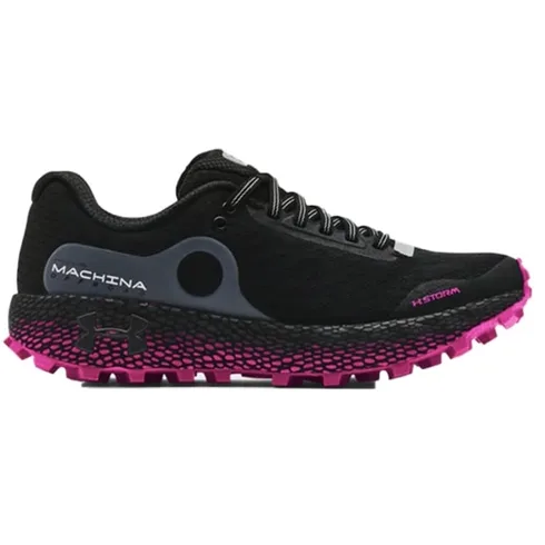 Black trail running shoe with pink soles Black trail running shoe with pink soles