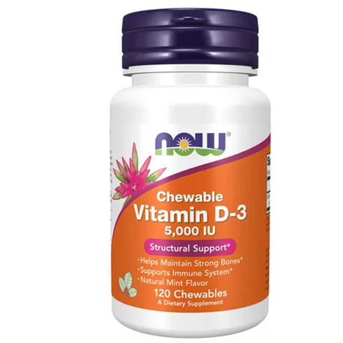 Best chewable: NOW Chewable Vitamin D3 5,000 IU bottle of NOW chewable vitamin D3