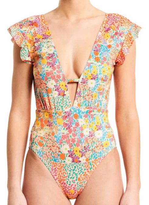 floral print one piece bathing suit in soft blue-pink color scheme floral print one piece bathing suit in soft blue-pink color scheme