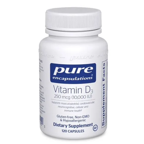 Best extra high-potency: Pure Encapsulations Vitamin D3 10,000 IU bottle of Pure Encapsulations Vitamin D3