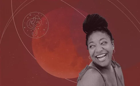 woman smiling with full moon in aquarius background woman smiling with full moon in aquarius background